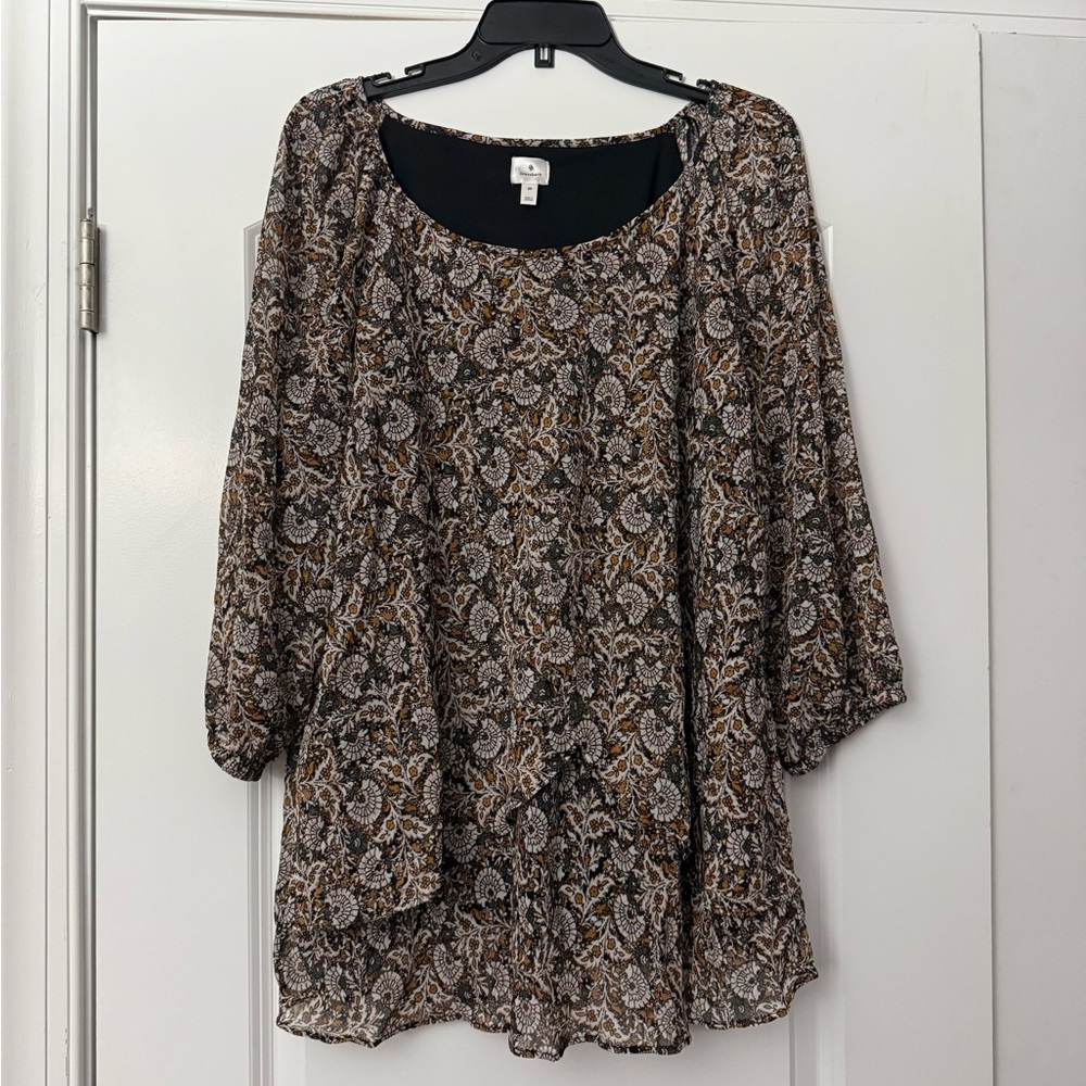 Dress Barn paisley print blouse with 3/4 balloon sleeves yellow teal cream EUC